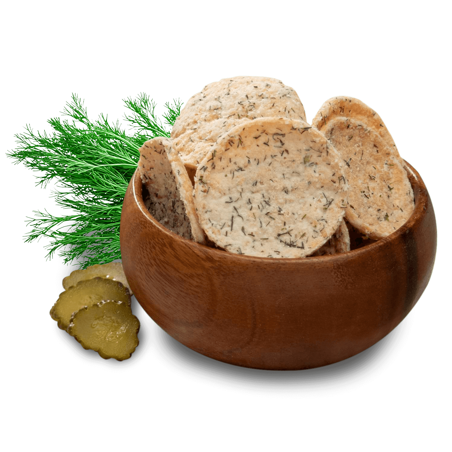 Bowl of flavorful protein chips with dill and pickles, a healthy snack option.